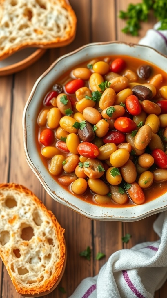 Hearty 7 Bean Casserole in a Crock Pot A hearty 7 bean casserole with a variety of beans and vegetables, garnished with herbs, served with bread.